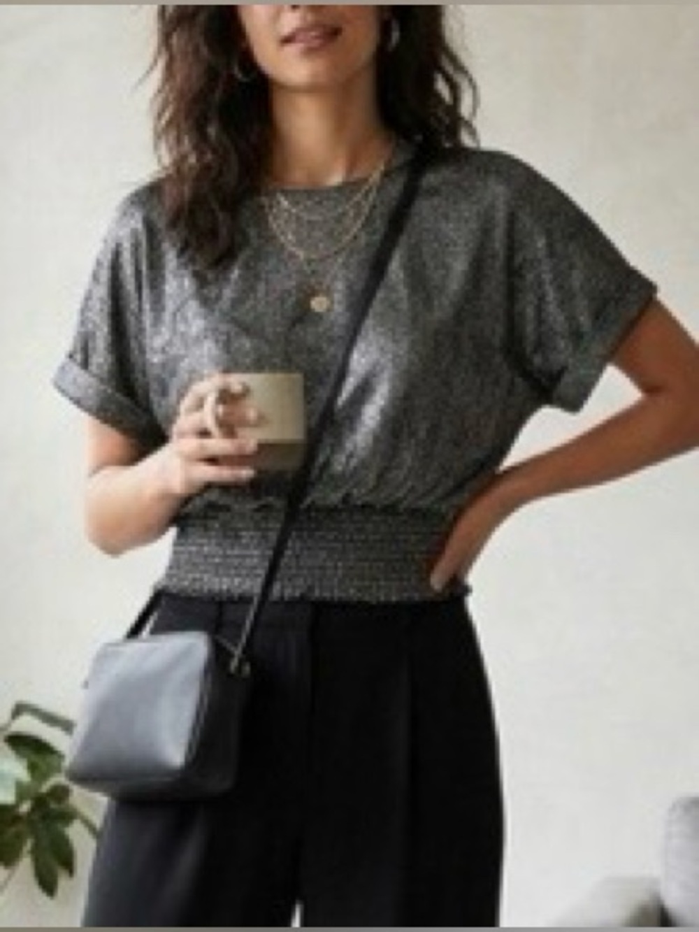 Shimmery silver gray short sleeve blouse pullover smocked waist medium